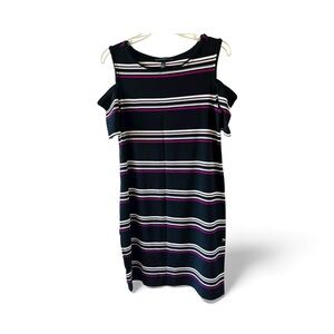 WHBM Black and purple stripe cold shoulder dress, size medium